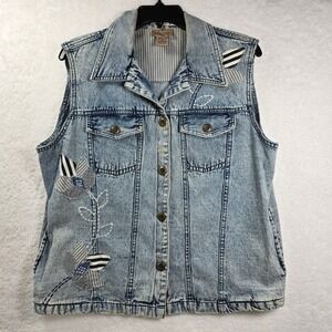 Vintage Y2K Denim Floral Patch Vest Womens‎ Large Petite 90s Light Gorpcore Boho